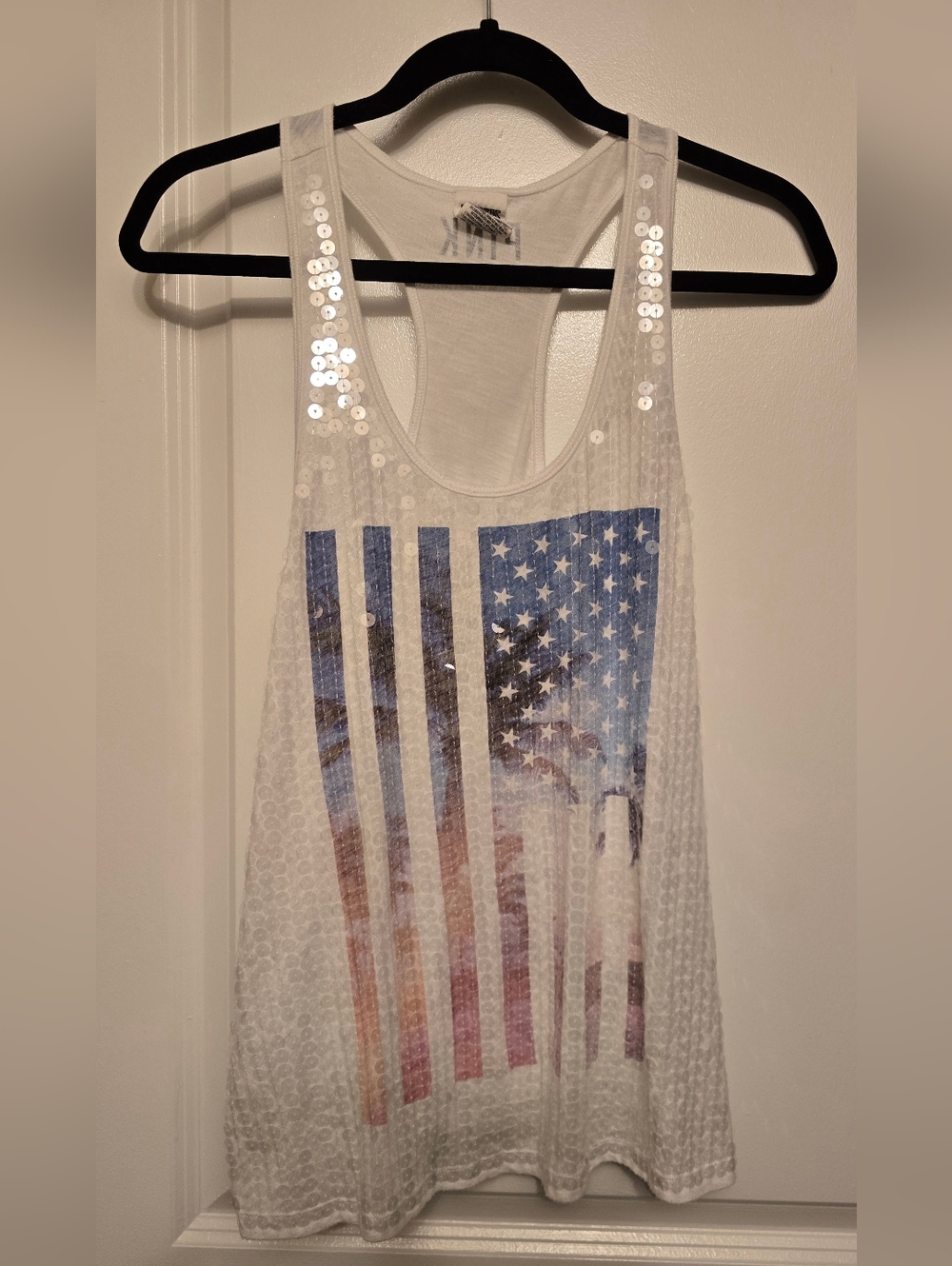 PINK Sequin USA Flag Graphic Racerback Tank Top - White Size S